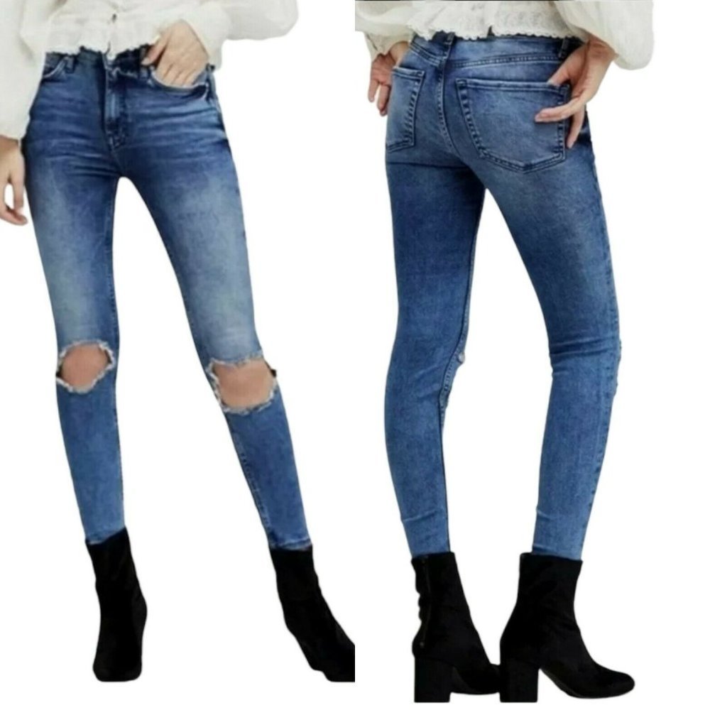 Free People High Rise Busted Knee Skinny Stretch Denim Jeans Blue Womens Size 26